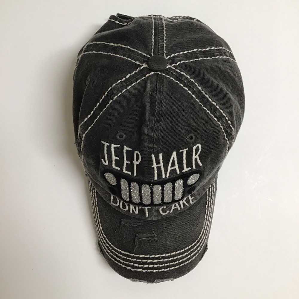 Jeep Hair Don’t Care Baseball Cap Gray Distress Hat Adjust Bling Grille Vintage - Picture 11 of 13